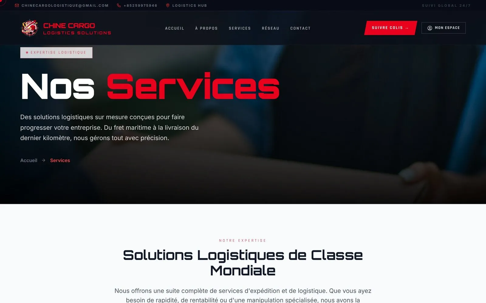 Chine Cargo Logis, Services page