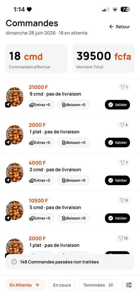Yaammoo app, Orders screen