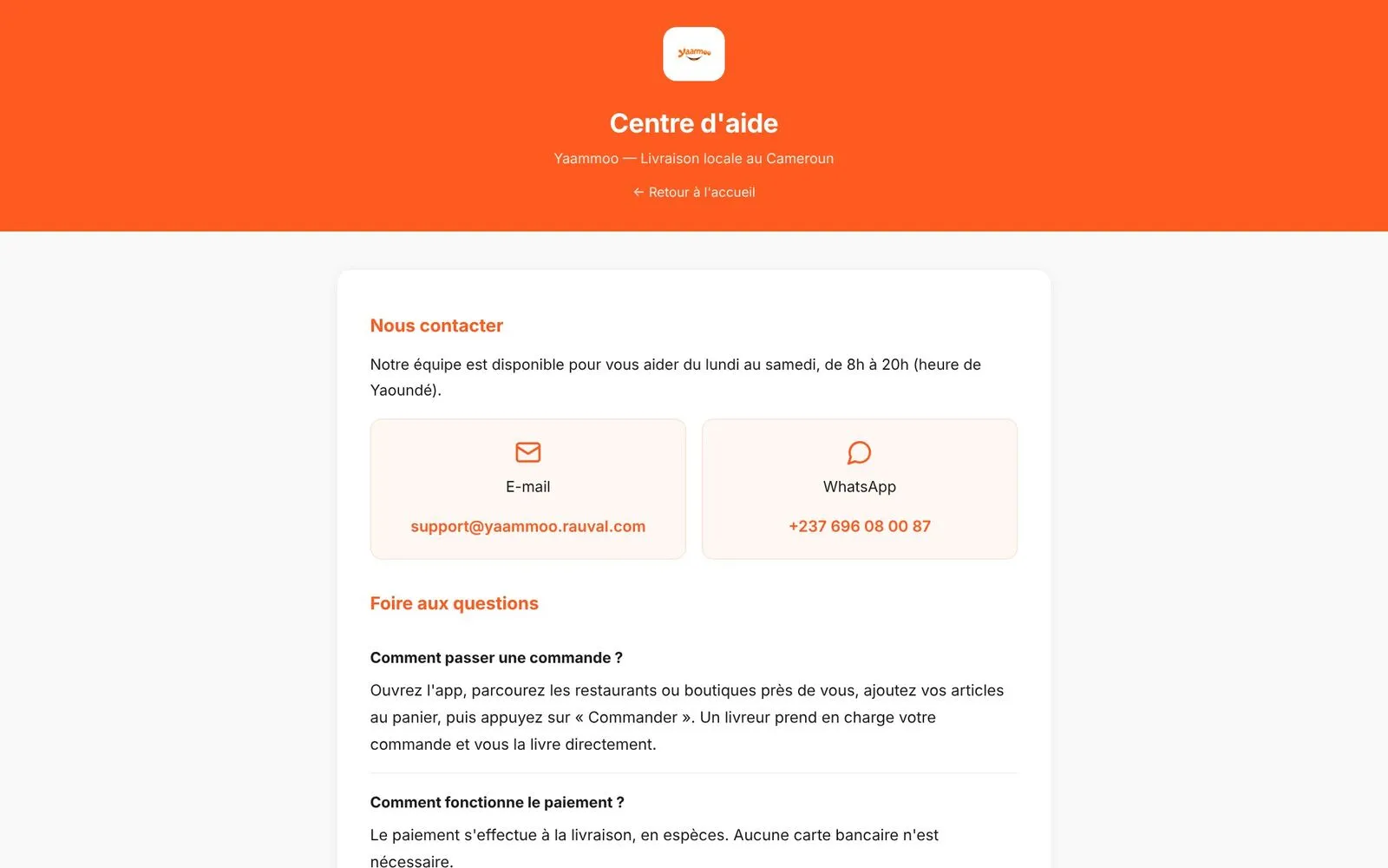Yaammoo, Help centre page